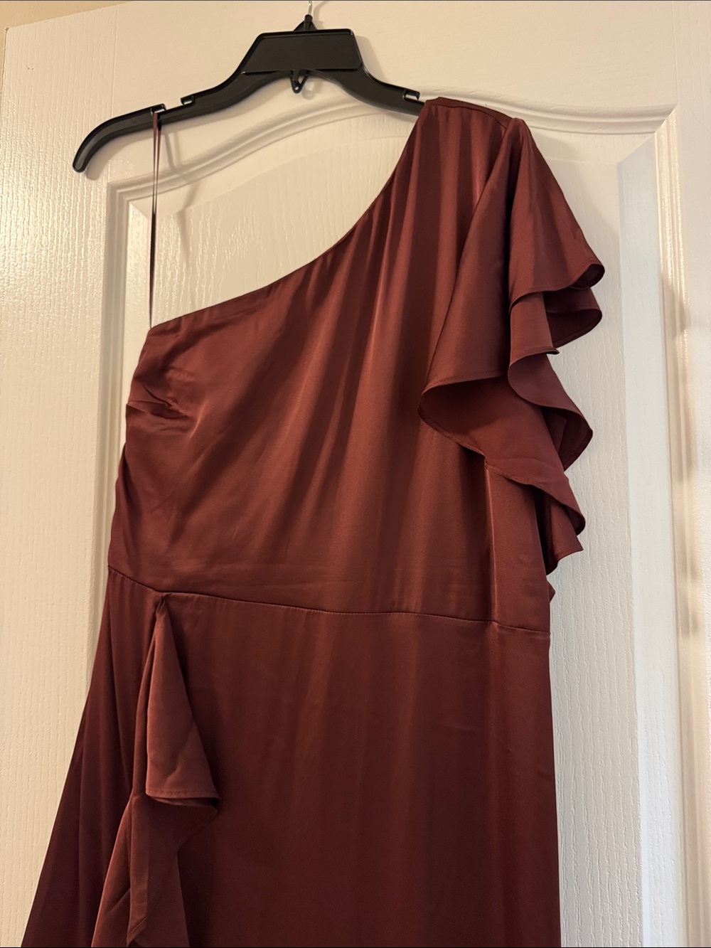 Express Size Large One-Shoulder Ruffle Maxi Dress in Deep Burgundy